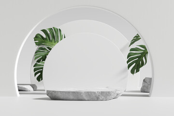 Fototapete - White stone product display podium stand with monstera leaves on white background. 3D rendering
