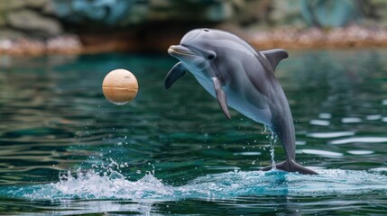 Poster - A dolphin playfully interacting with a floating ball or object in a marine park or aquarium, showing its playful nature.
