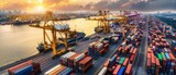 Shipping port brimming with stacked containers, active global trade, state-of-the-art logistics infrastructure