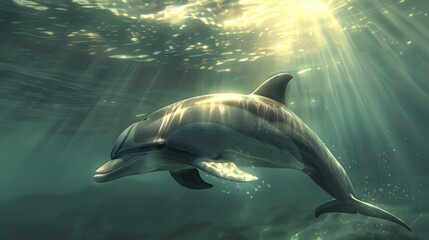 Aufkleber - A dolphin surfacing for air in a sunlit ocean, with the sunlight reflecting off the water and illuminating the dolphin.