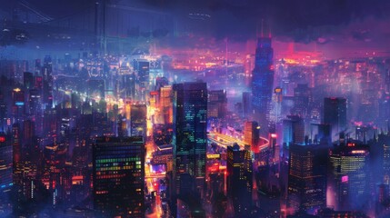 Aufkleber - A dramatic night view of a city center with illuminated skyscrapers and vibrant lights creating a dynamic cityscape.