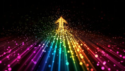 Poster - Bright Colorful Arrow Leading Through Radiant Burst of Light in a Surreal Digital Landscape