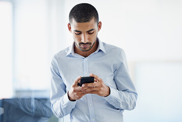 Poster - Business man, connection and phone for reading text, email notification and communication in office. Male employee, internet and mobile for stock exchange update, investment article and online news