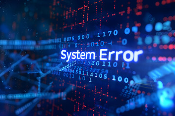 Glowing 'System Error' text with digital data background representing technology problem or computer crash in dark futuristic setting.