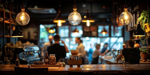 Blur coffee shop or cafe restaurant, Blurred restaurant background with some people and chefs and waiters working, Generative A, Generative AI