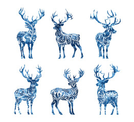Wall Mural - blue azure deer color ink drawing vector illustrations. roe antlers fur hoofed herbivorous untamed n