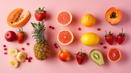 Poster - A flat lay of various fruit on a pink background.