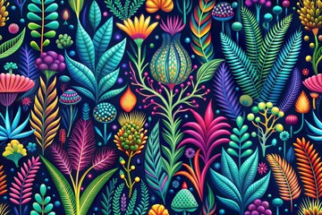 A vibrant and colorful floral pattern featuring an array of plants and flowers. The intricate design includes various shapes and colors, creating a lively and dynamic composition