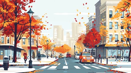 Canvas Print - A cartoon illustration of a city street in autumn.