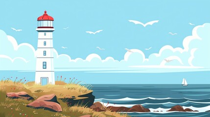 Canvas Print - Cartoon illustration of a lighthouse on a cliff by the ocean with a sailboat in the distance.