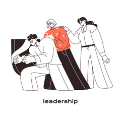 Fototapete - Leadership concept line art. Leader and team challenge, solve problems together. Office worker leads employees to success. Support in teamwork. Flat isolated outline vector illustration on white