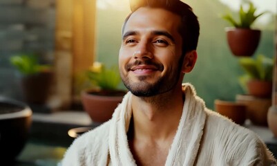 Poster - Portrait of happy man in bathrobe applauding at spa salon