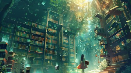 Poster - A magical library in a forest setting.