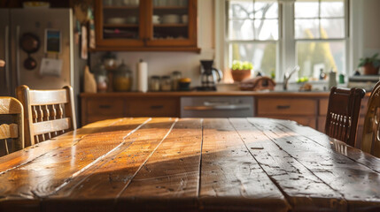 Wall Mural - A wooden table sits in the foreground of a warm and inviting kitchen. The table's natural finish shows off the beauty of the wood grain.