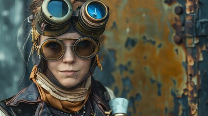 Canvas Print - A woman with steampunk goggles and a leather jacket looks at the camera.