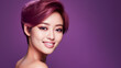 © ALA - Portrait of a beautiful, sexy, smiling, happy Asian woman with short red hair and perfect skin, purple background, banner.