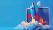 © Alex - Creative Depiction of Blue Rocket with Red Fins Launching from Laptop for Innovation Concept