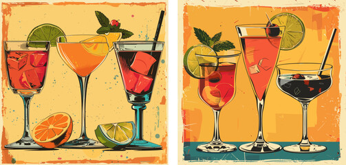 Poster - Cocktail fresh citrus garnishes cartoon vector concepts. Drinks glasses lime orange cherry mint alcohol vintage retro colorful posters