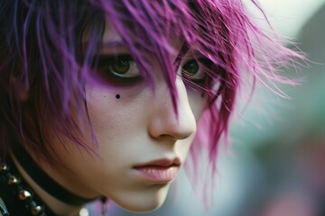 Sticker - Close-up portrait of a person with vibrant pink hair