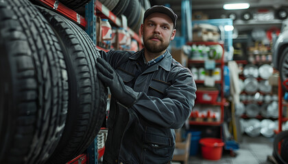 Wall Mural - Male mechanic with car tire in auto store