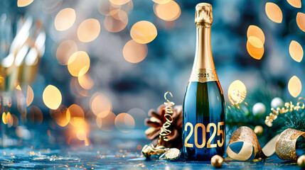 A champagne bottle on a blue table is decorated with gold glitter, ribbons, and '2025' in gold. The warm bokeh lights reflect on its surface