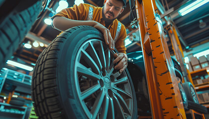 Wall Mural - Male mechanic with car tire in auto store