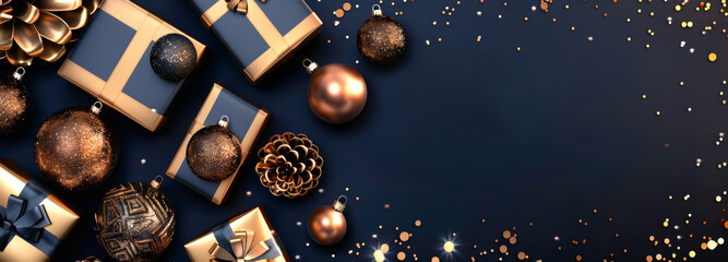 Wall Mural - A Christmas sale banner featuring gold gift boxes, ornaments, and decorative elements on a dark background