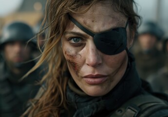 Wall Mural - Intense female soldier with eye patch and war paint