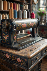 Classic retro style manual sewing machine ready for sewing work. The machine is old style made of metal with floral patterns