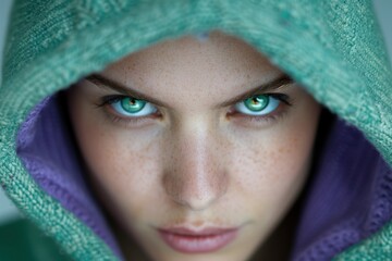 Poster - Mysterious eyes peering from beneath a vibrant turquoise hood