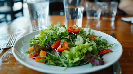 Wall Mural - A side salad with mixed greens, tomatoes, and cucumbers on a white plate.