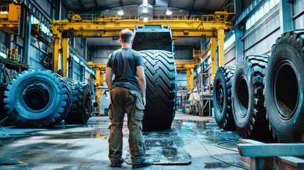 A worker stands in awe beside a massive truck tire, newly molded from steel and rubber, in a tire production facility