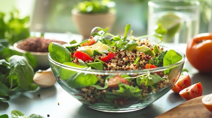 Sticker - A bowl of quinoa salad with avocado, tomatoes, and broccoli.