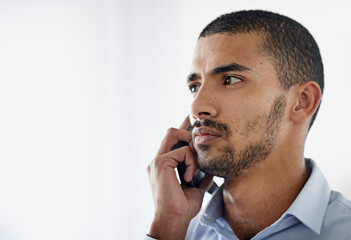 Aufkleber - Business man, listening and phone call with thinking, ideas or decision for offer, opportunity or suspicious contact. Worker on mobile with serious, contemplation or choice for risk or investment