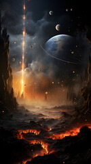 Wall Mural - a fiery, alien landscape with a glowing beam of light shooting through the sky towards a planet in t