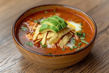 Wall Mural - A bowl of sopa azteca, a spicy tortilla soup with a tomato base, shredded chicken, avocado, cheese, and crispy tortilla strips