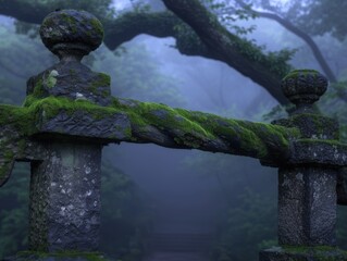 Sticker - Mysterious moss-covered stone archway in misty forest