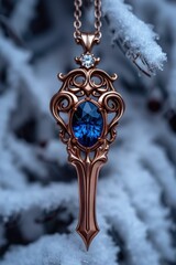 Poster - Elegant rose gold pendant with blue gemstone in snowy setting