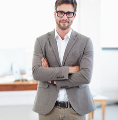 Poster - confidence, creative and portrait of man digital agency with pride, smile and business project manag