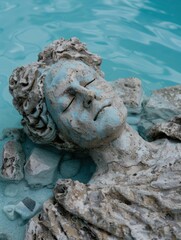 Poster - Weathered stone face sculpture in turquoise water