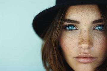 Wall Mural - close-up portrait of a young woman with striking blue eyes and freckles