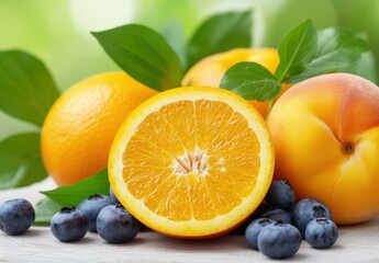 Wall Mural - Fresh citrus fruits and blueberries on a wooden table