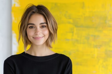 Wall Mural - smiling woman in front of yellow background