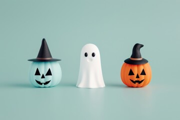 Three Halloween decorations including a ghost and two pumpkins with witch hats, one blue and one orange, on a teal background.