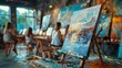 © Phichaphat - A painting on an easel in an art studio, with blurred figures of artists working in the background.