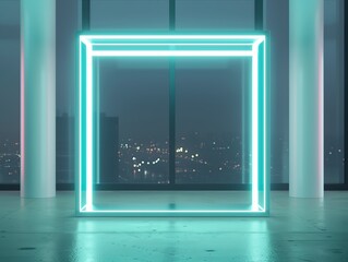 Futuristic neon frame glowing in a modern interior with urban skyline view, perfect for artistic and creative projects.