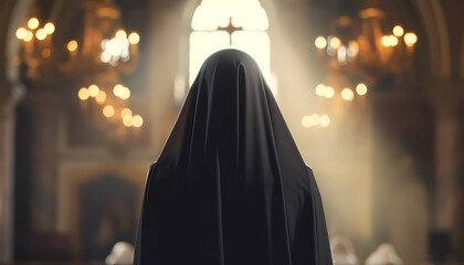 A nun stands in a church with a cross in the background