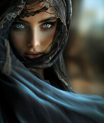 Wall Mural - The beautiful woman with attractive eyes, wearing a black scarf on her head