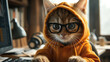© Dmitriy - A cat wearing glasses and a hoodie sits at a desk, working on a computer