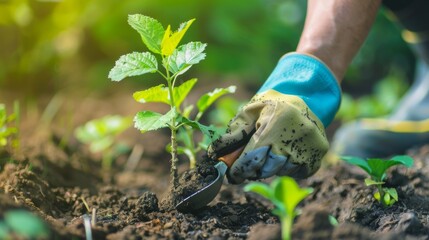 Poster - A person planting a young sapling in a garden, using a trowel and wearing gardening gloves, with a focus on the soil and plant.